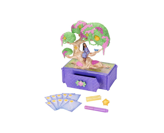 Disney Wish Asha's Musical Wishing Tree Jewelry Box playset with green and pink flowering tree, purple base with storage drawer, doll figure, and accessories in