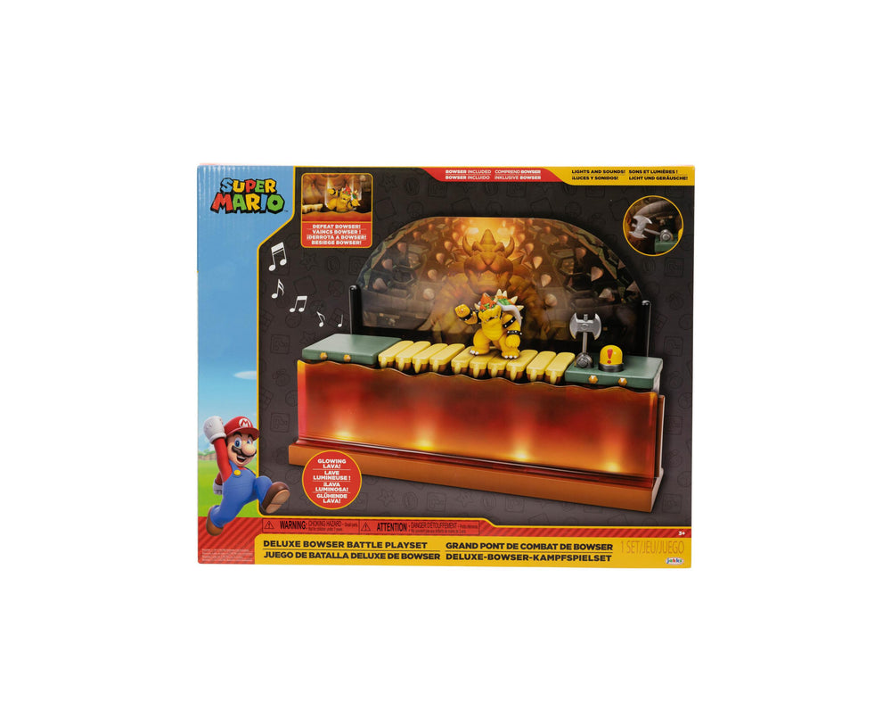 Super Mario Deluxe Bowser Battle Playset with yellow platforms, Bowser figure, glowing lava base with lights and sounds, and interactive features