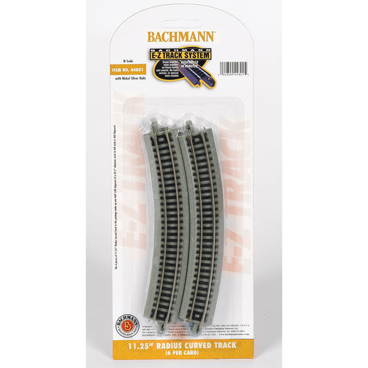 Bachmann N Scale 11.25" radius curved track with nickel silver rails, E-Z Track System, 6 pieces per card