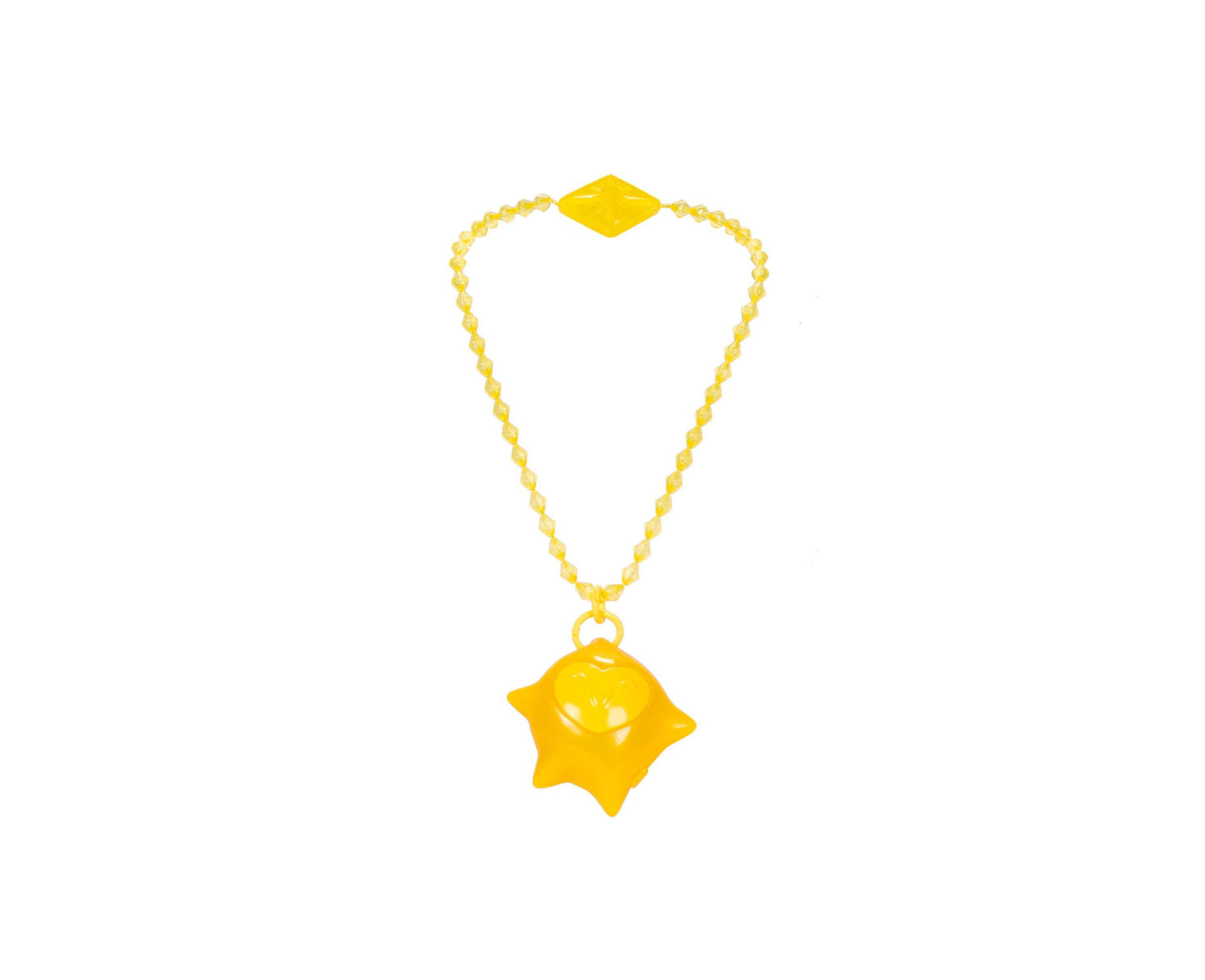 Yellow beaded necklace with diamond-shaped charm at top and four-pointed star pendant