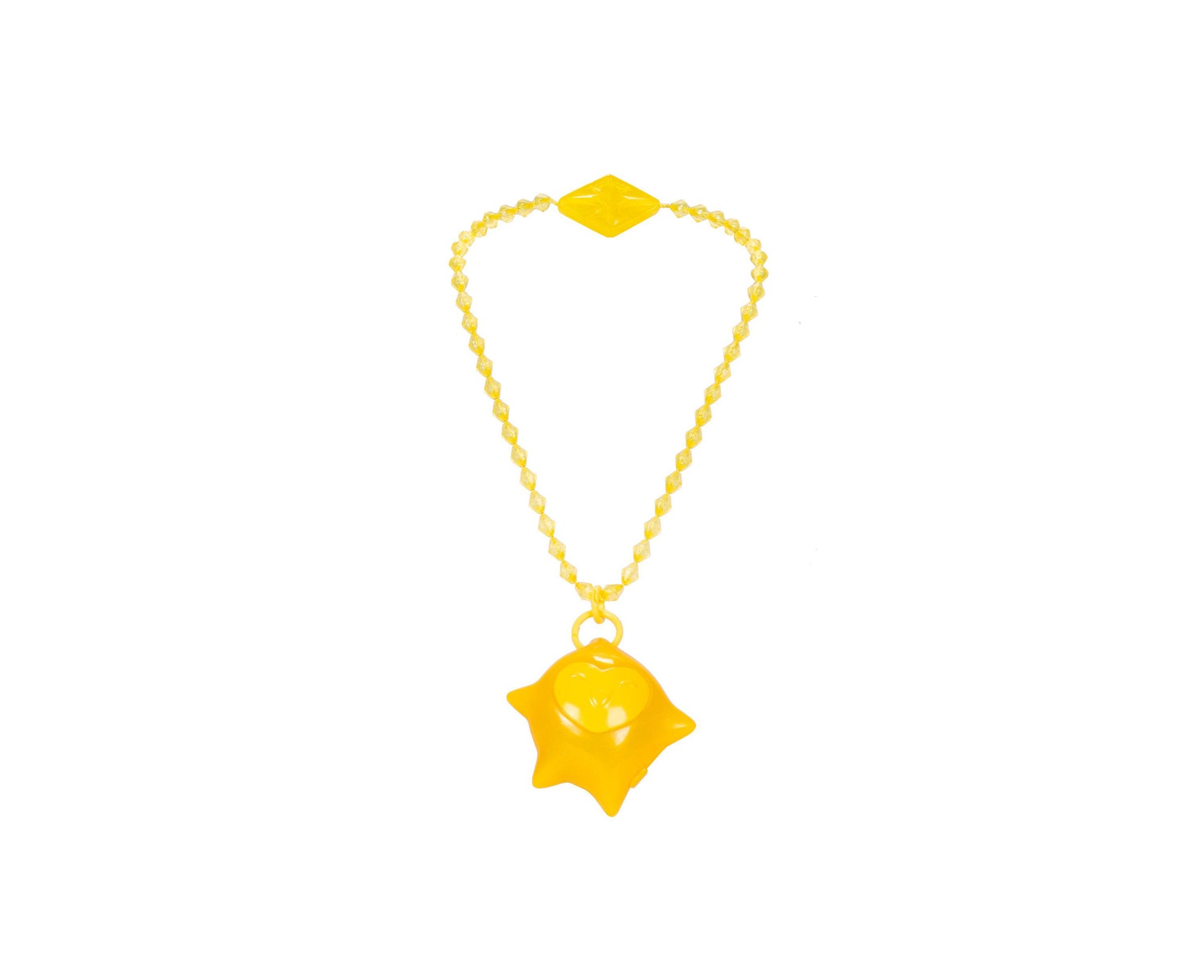 Yellow beaded necklace with diamond-shaped charm at top and four-pointed star pendant