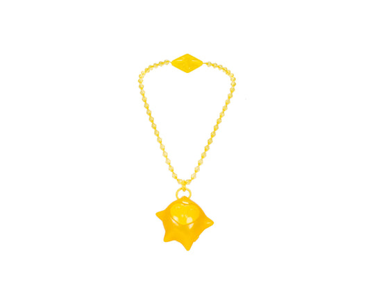 Yellow beaded necklace with diamond-shaped charm at top and four-pointed star pendant