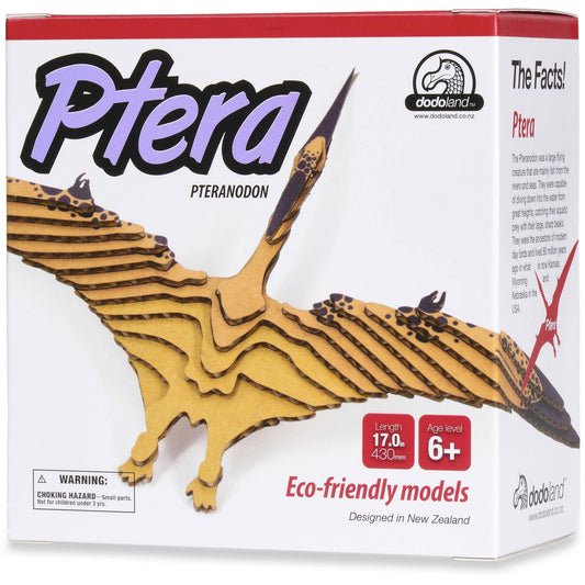 Ptera Pteranodon dinosaur model kit box showing yellow and black winged pterosaur figure, age 6+, eco-friendly by Dodoland