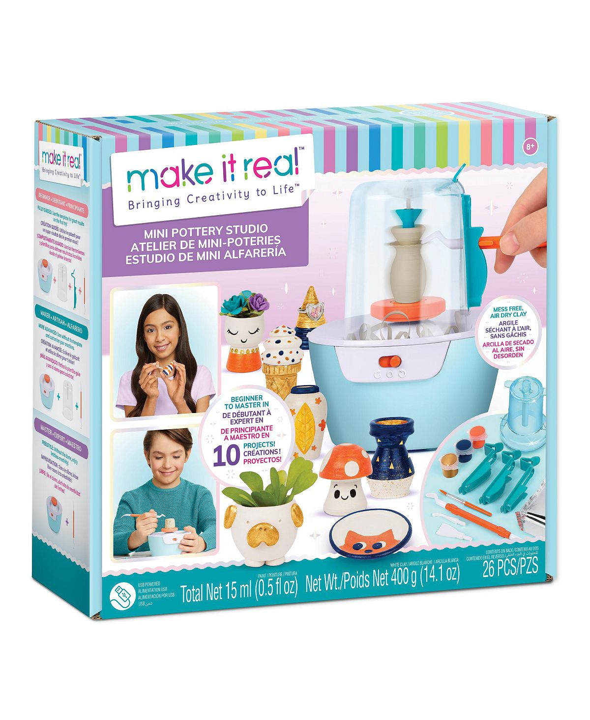 Make It Real Mini Pottery Studio set with turquoise pottery wheel, clay tools, paint colors, and finished ceramic pieces including planters and decorative bowls