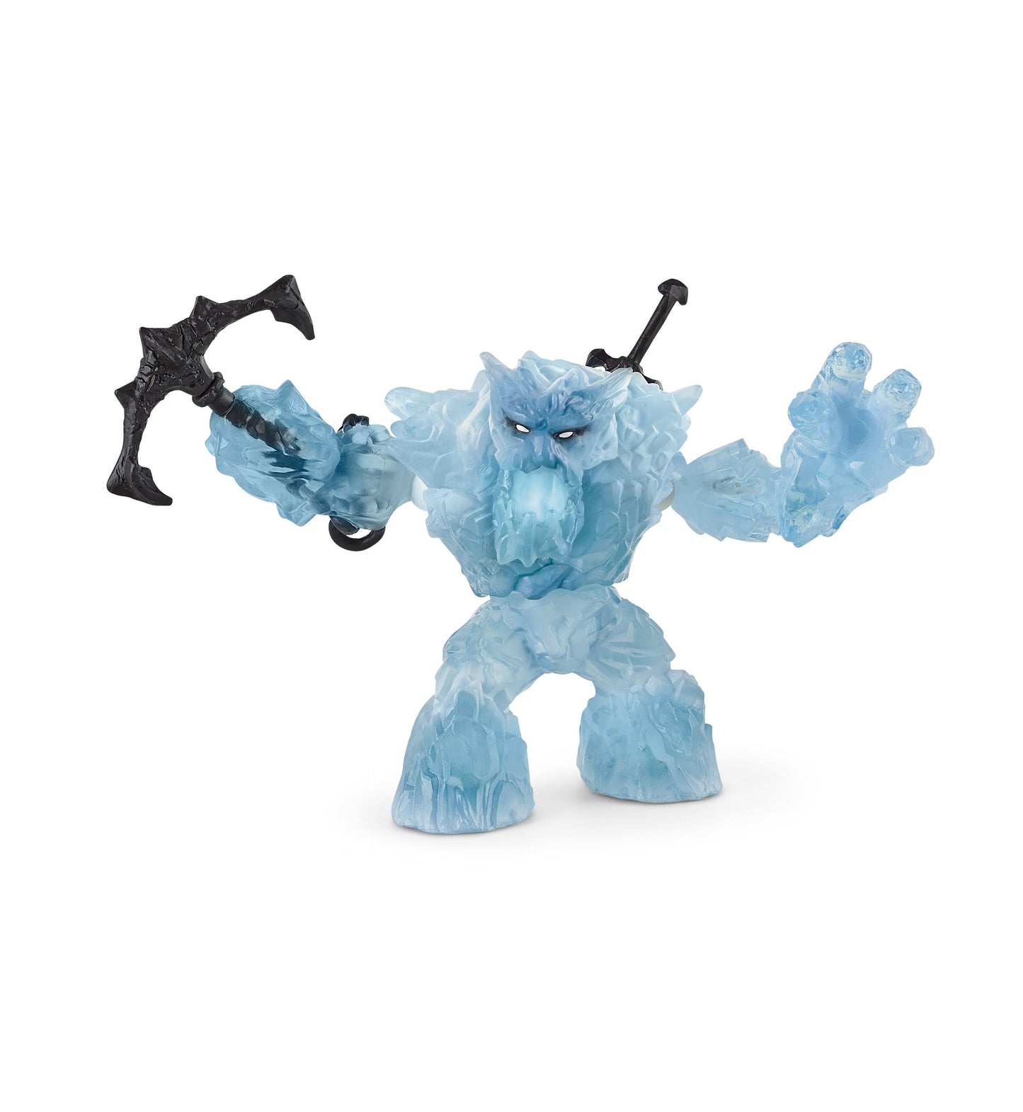 Light blue translucent ice giant action figure with spiky crystalline texture, articulated limbs, and black weapon accessory on plain white background