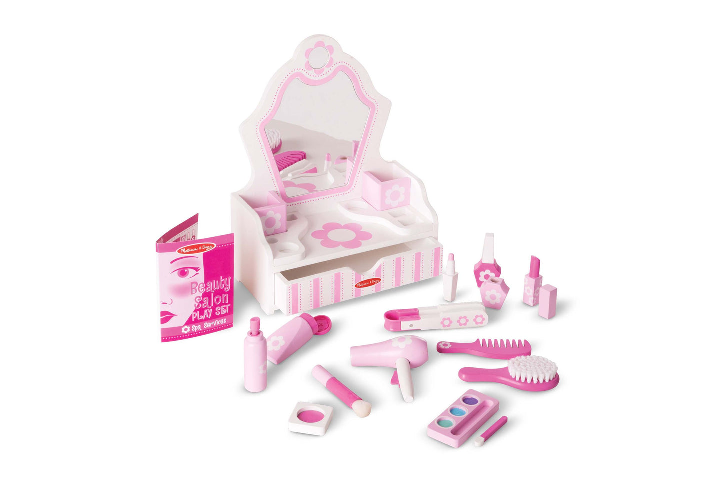 Melissa & Doug Beauty Salon Play Set with pink mirror, brushes, and accessories