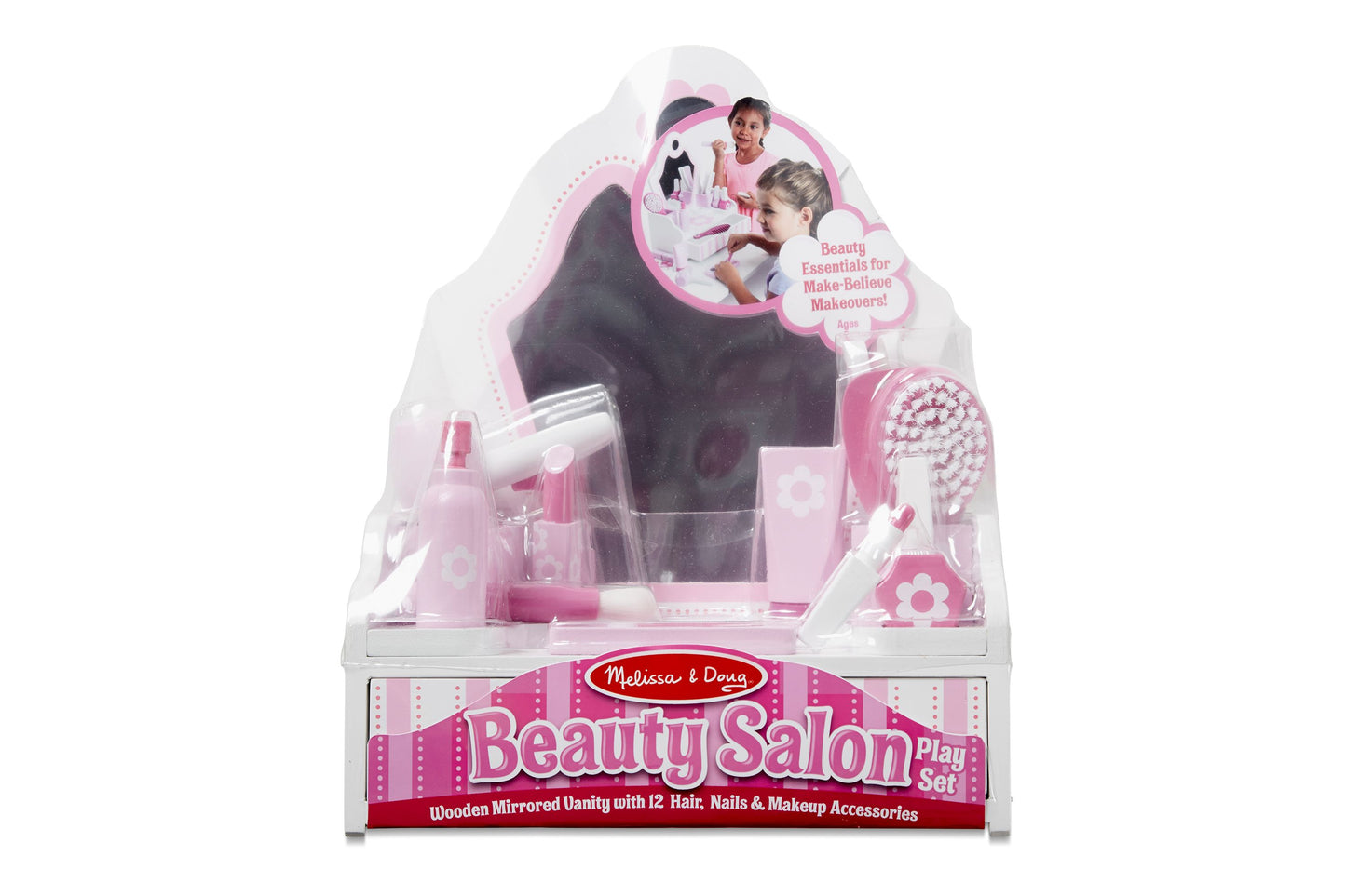 Melissa & Doug Beauty Salon Play Set with pink wooden vanity, mirror, and accessories