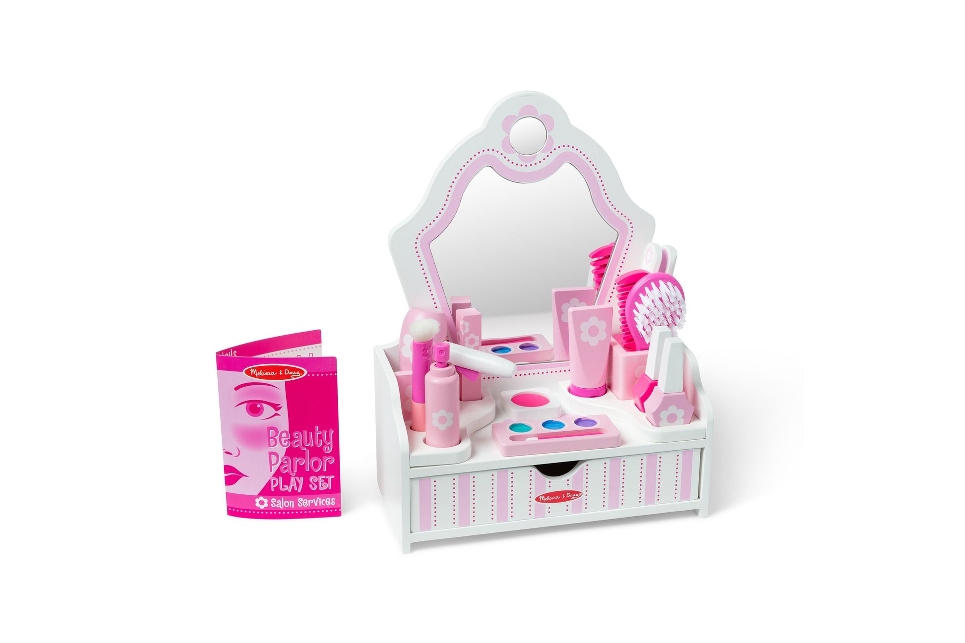 Melissa & Doug Beauty Parlor Play Set with pink mirror, makeup accessories, and storage drawer