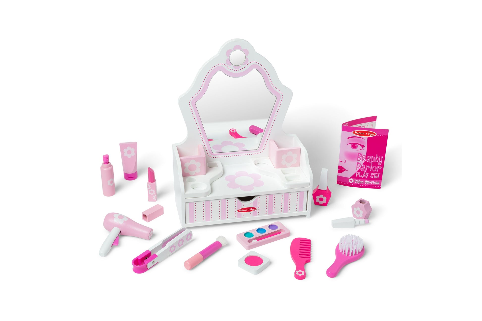 Melissa & Doug Beauty Salon Play Set with pink mirror, accessories, and cosmetic toys