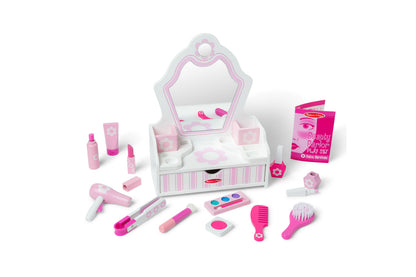 Melissa & Doug Beauty Salon Play Set with pink mirror, accessories, and cosmetic toys