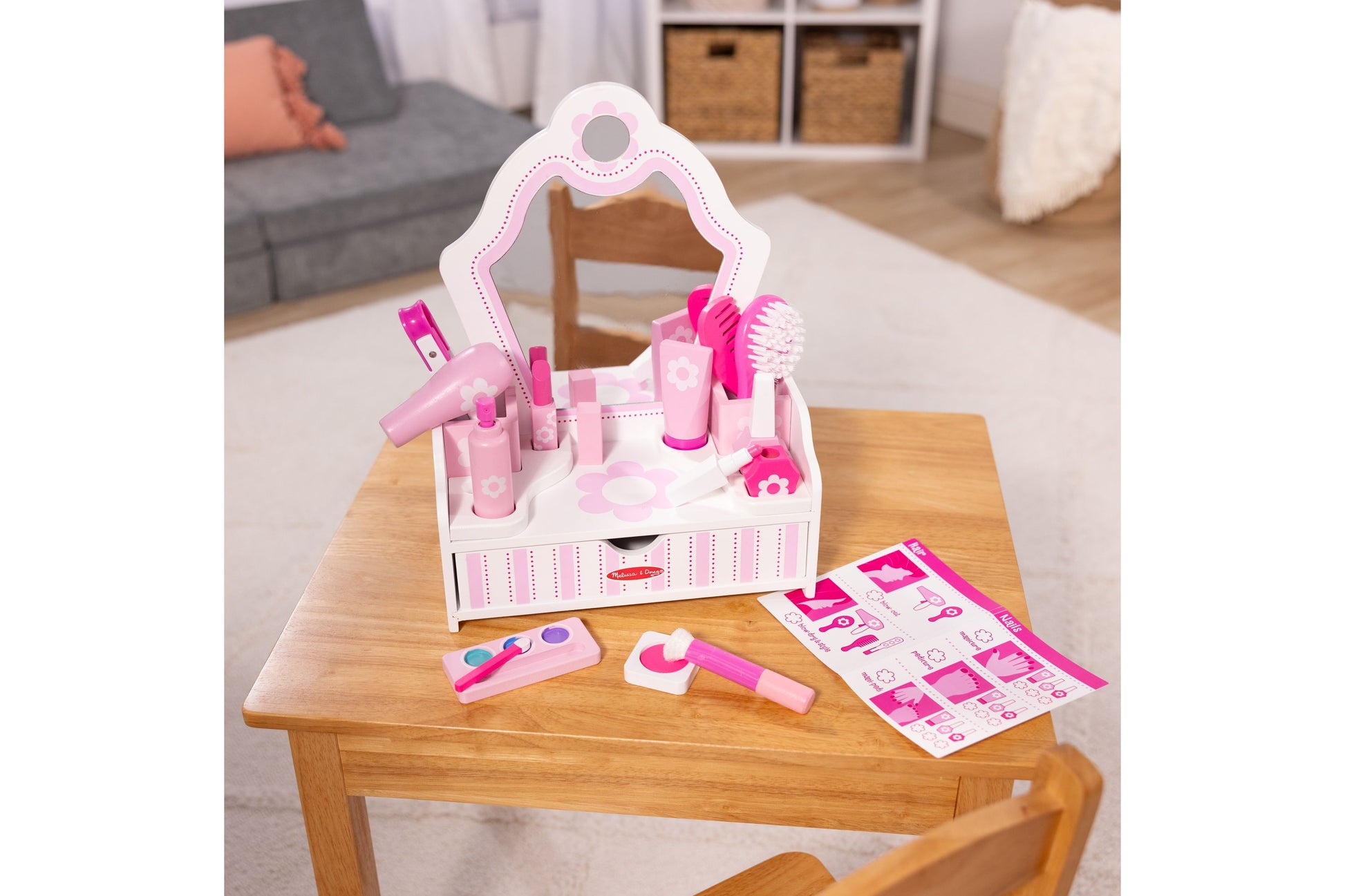 Melissa & Doug Beauty Salon Play Set with pink vanity mirror, hair dryer, and accessories