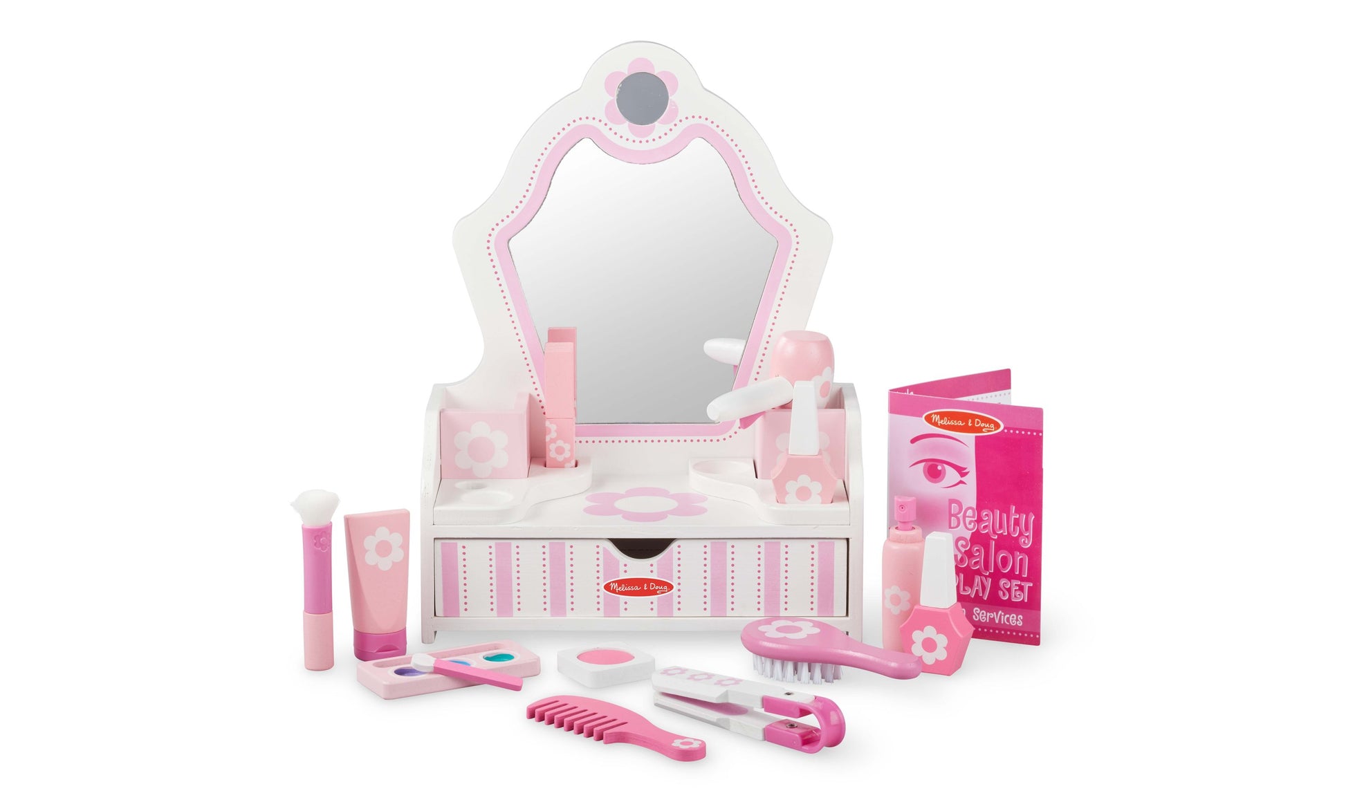 Melissa & Doug Beauty Salon Play Set with pink mirror, drawer, and accessories