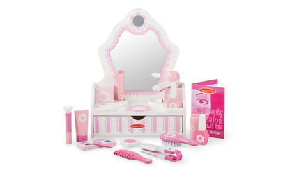 Melissa & Doug Beauty Salon Play Set with pink mirror, drawer, and accessories