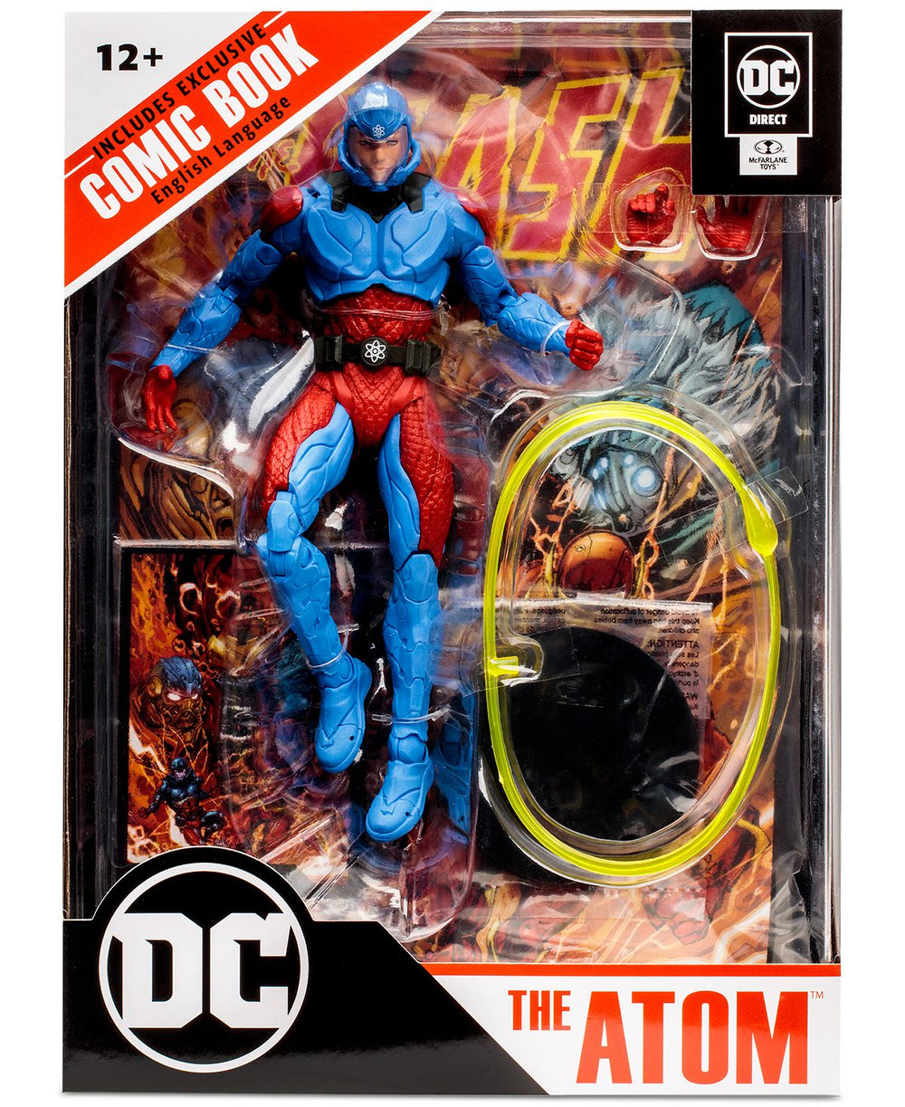 DC Direct The Atom action figure in blue and red suit with helmet, includes exclusive comic book and art card
