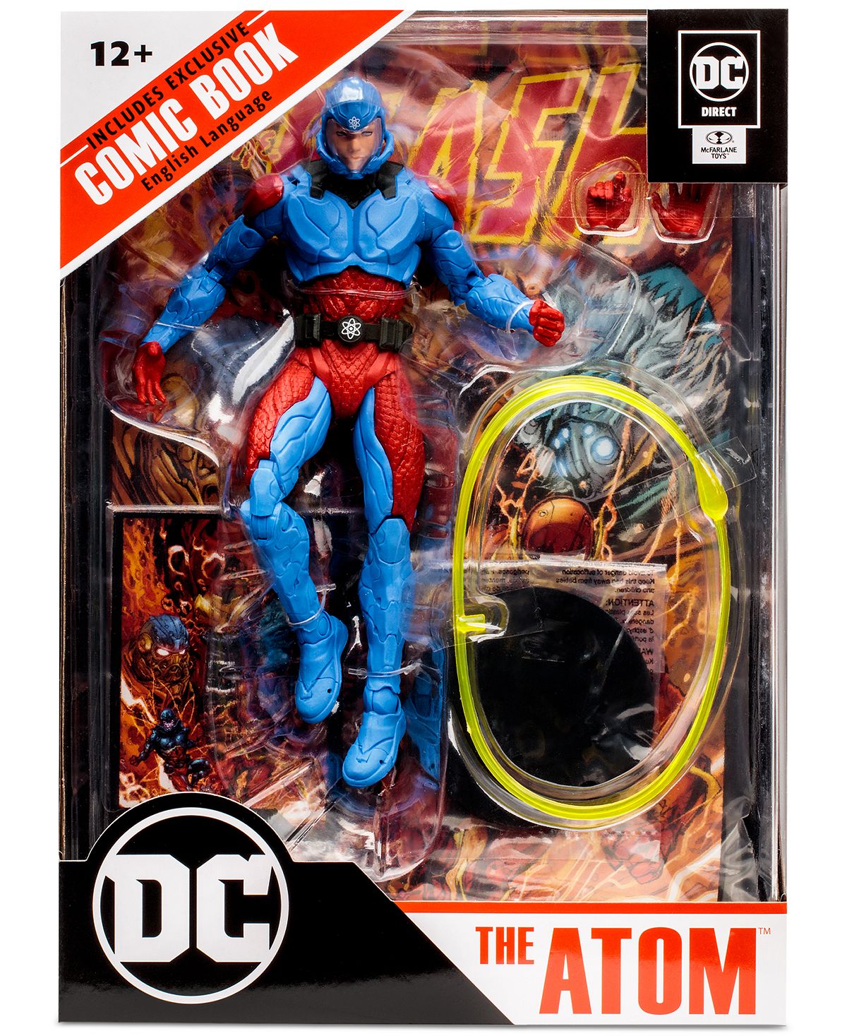 DC Direct The Atom action figure in blue and red suit with helmet, includes exclusive comic book and art card
