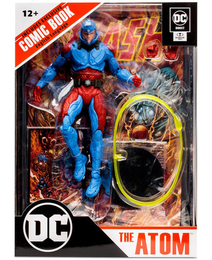 DC Direct The Atom action figure in blue and red suit with helmet, includes exclusive comic book and art card