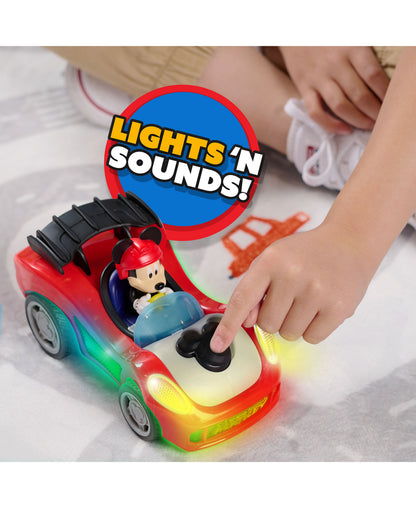 Mickey Mouse Rev 'N Go vehicle with lights and sounds, red car with Mickey figure, multicolor glowing lights