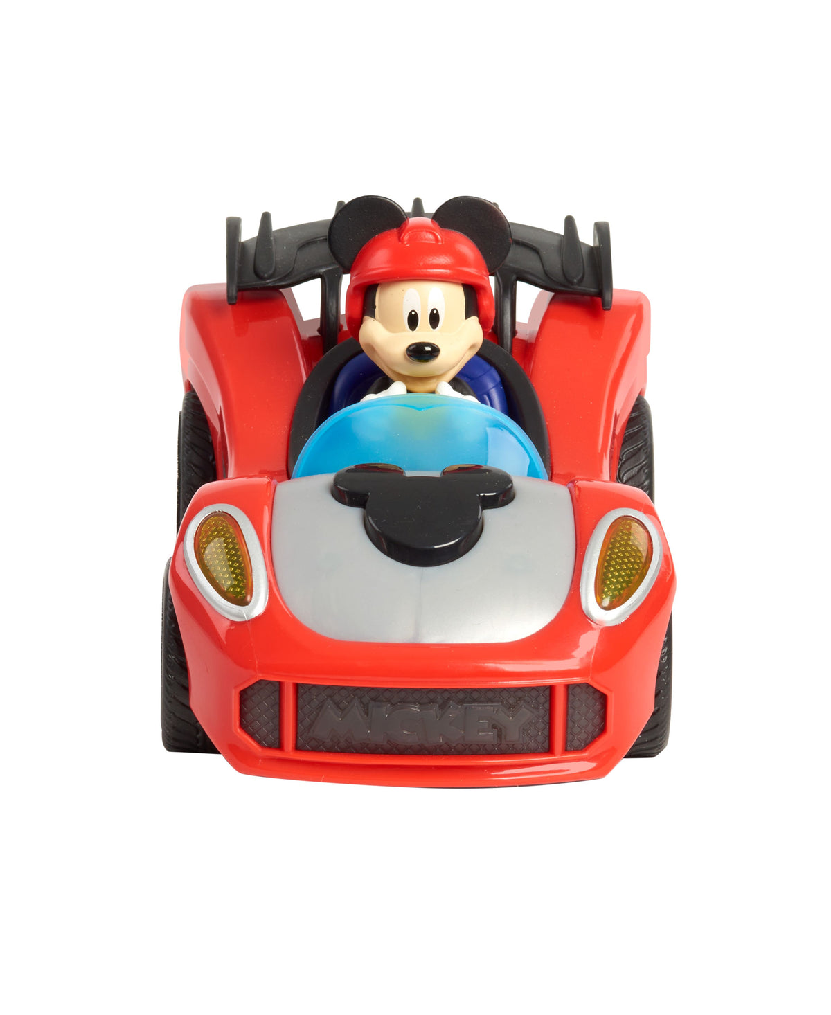 Mickey Mouse Rev 'N Go red race car with Mickey figure in driver's seat wearing red helmet