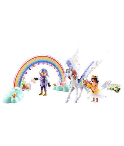 Playmobil Princess Magic Pegasus set with white winged horse, two princess figures, rainbow arch, cloud platforms, and accessories on plain background