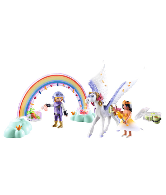 Playmobil Princess Magic Pegasus set with white winged horse, two princess figures, rainbow arch, cloud platforms, and accessories on plain background