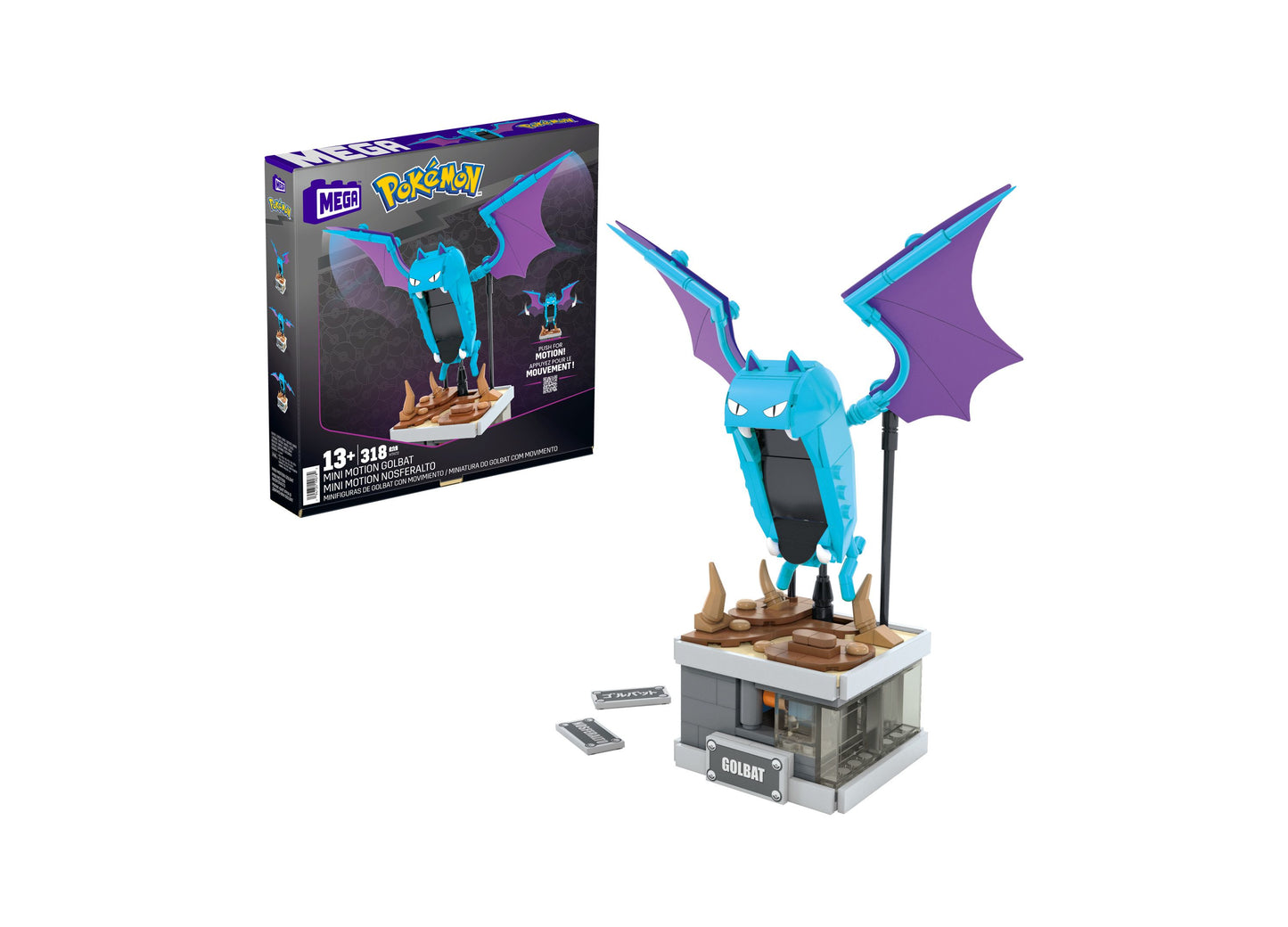 Mega Pokémon Golbat buildable figure with blue and purple wings on tan-colored base, shown with packaging box and instruction sheets