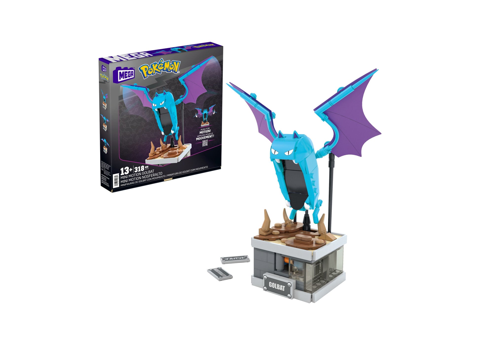 Mega Pokémon Golbat buildable figure with blue and purple wings on tan-colored base, shown with packaging box and instruction sheets
