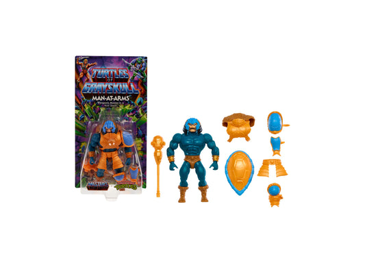 Masters of the Universe Origins Man-At-Arms action figure with teal and orange armor, includes staff, shield, and interchangeable parts, packaged in Turtles of