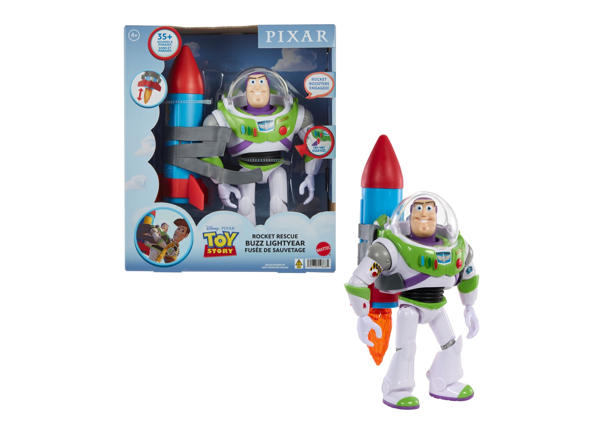 Toy Story Buzz Lightyear action figure with rocket launcher, green and white suit, includes sounds and phrases