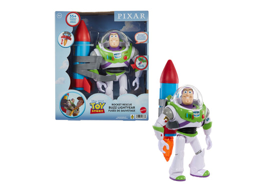 Toy Story Buzz Lightyear action figure with rocket launcher, green and white suit, includes sounds and phrases