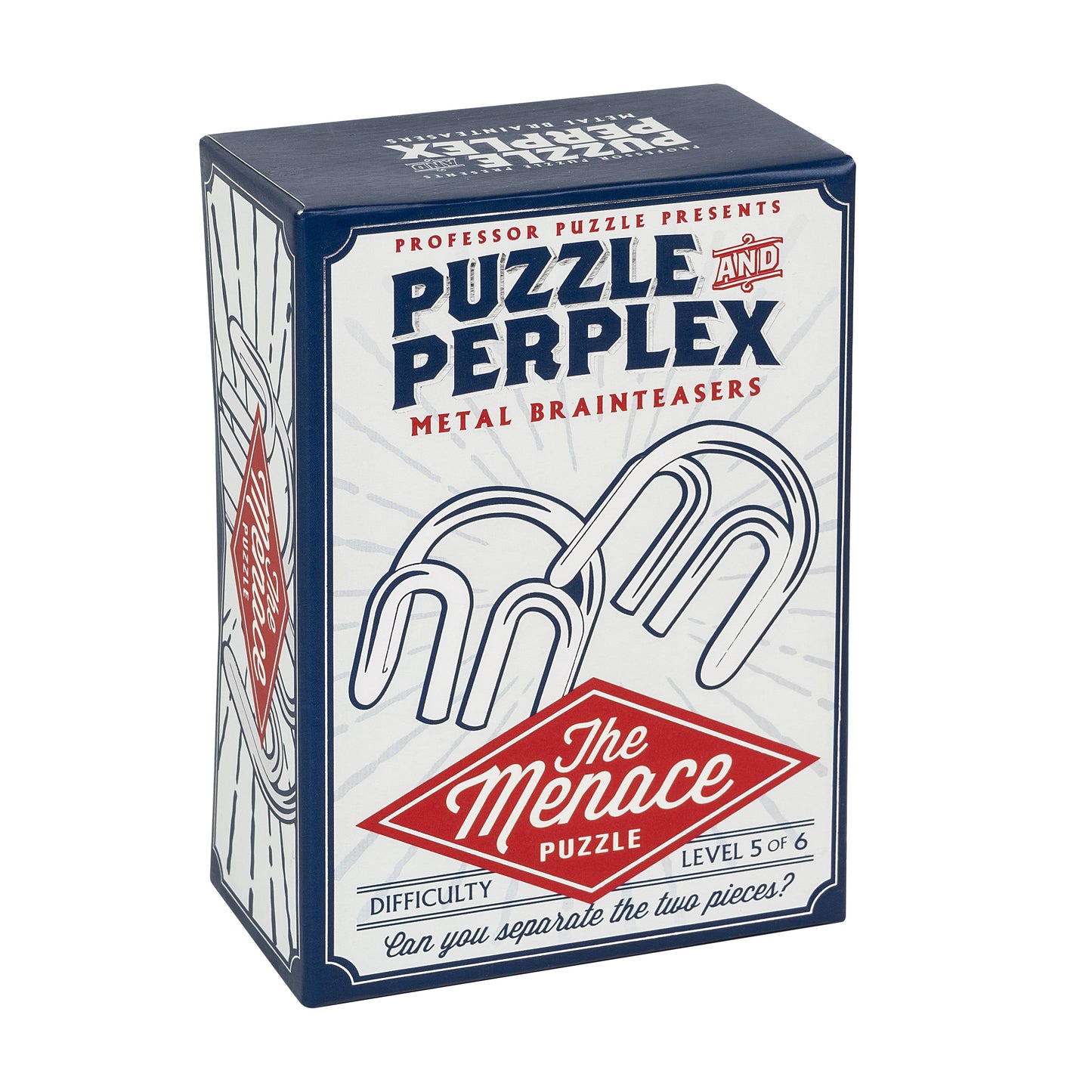 Professor Puzzle Presents Puzzle and Perplex Metal Brainteasers box showing The Menace puzzle, difficulty level 5 of 6, with intertwined metal rings illustratio
