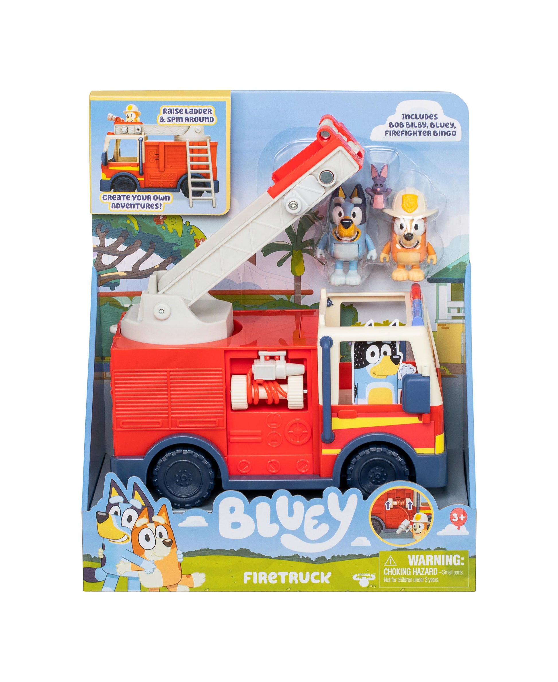 Bluey Fire Truck playset with red fire truck featuring raising ladder, slide, and storage compartments, includes three character figures and accessories