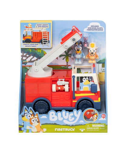 Bluey Fire Truck playset with red fire truck featuring raising ladder, slide, and storage compartments, includes three character figures and accessories