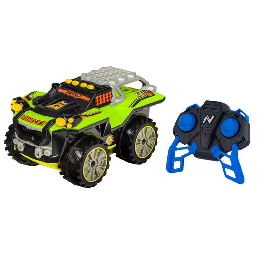 Nikko RC Nano VaporizR XT lime green and black 4x4 all-terrain vehicle with roof rack and blue/black remote control