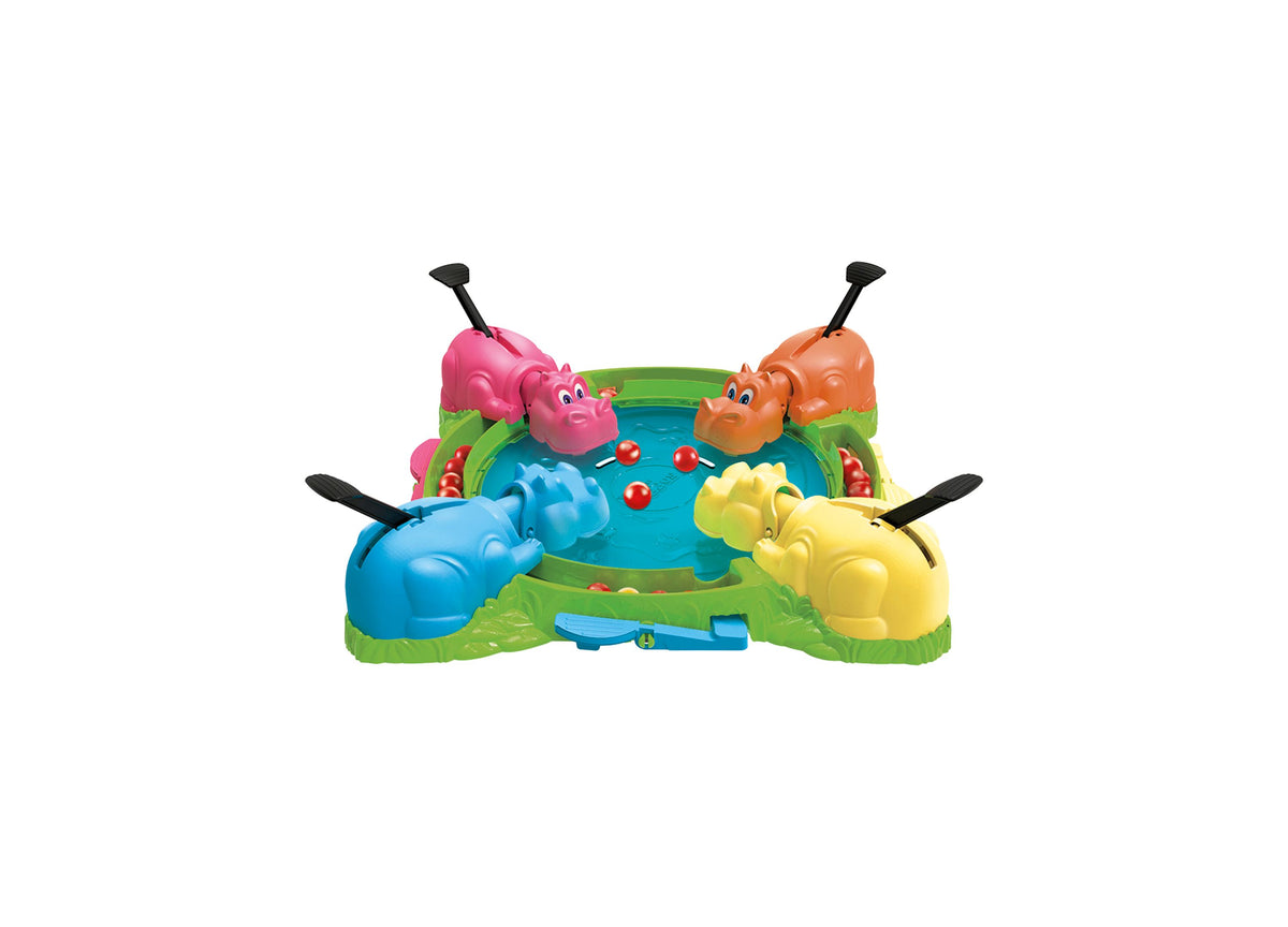 Hungry Hungry Hippos Family Board Game with four colorful hippos in pink, orange, blue, and yellow around a central g...