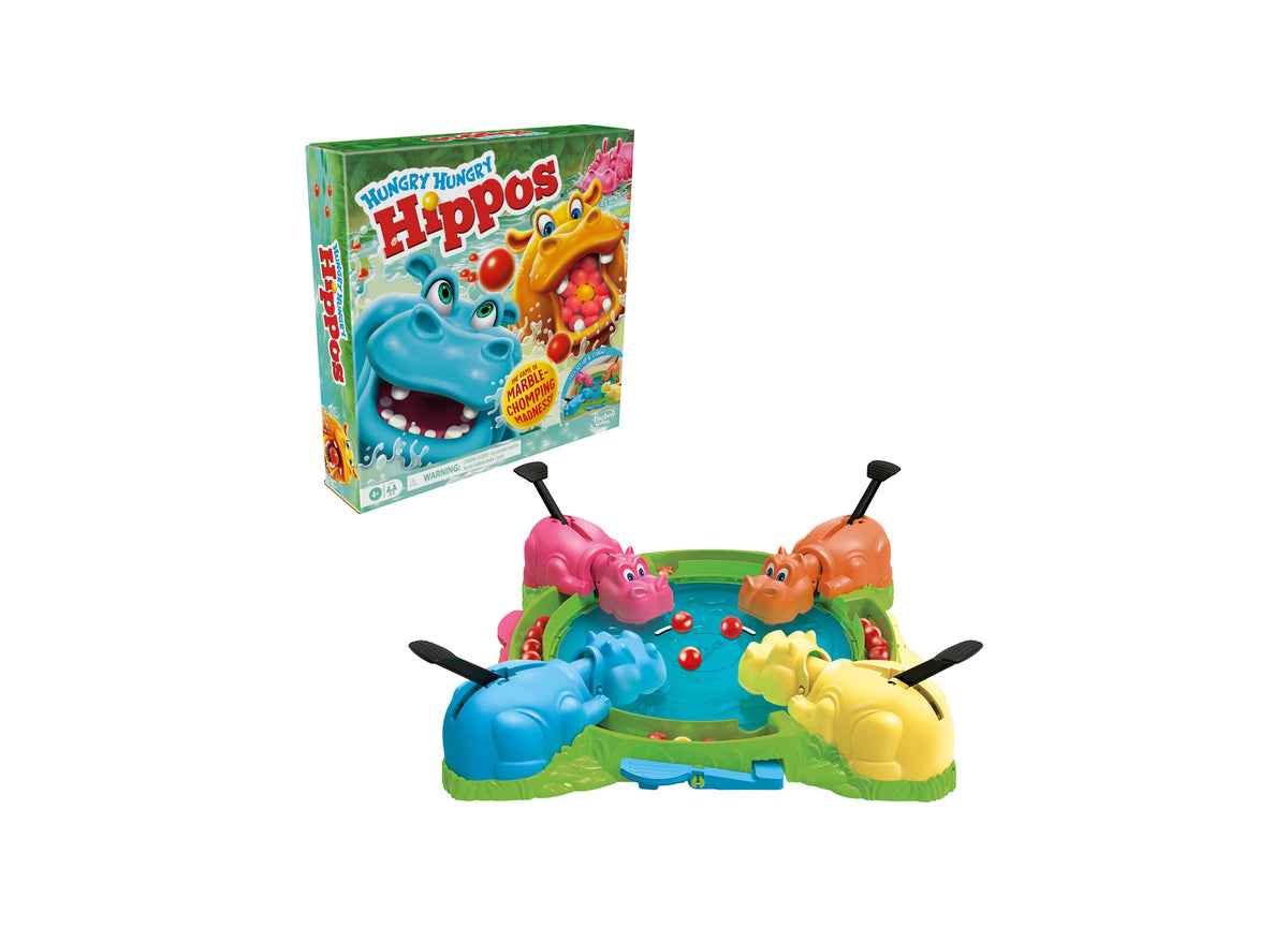 Hungry Hungry Hippos board game with four colorful hippos and marbles in center arena