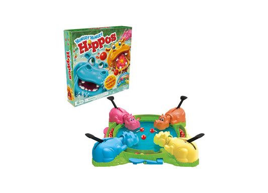 Hungry Hungry Hippos board game with four colorful hippos and marbles in center arena