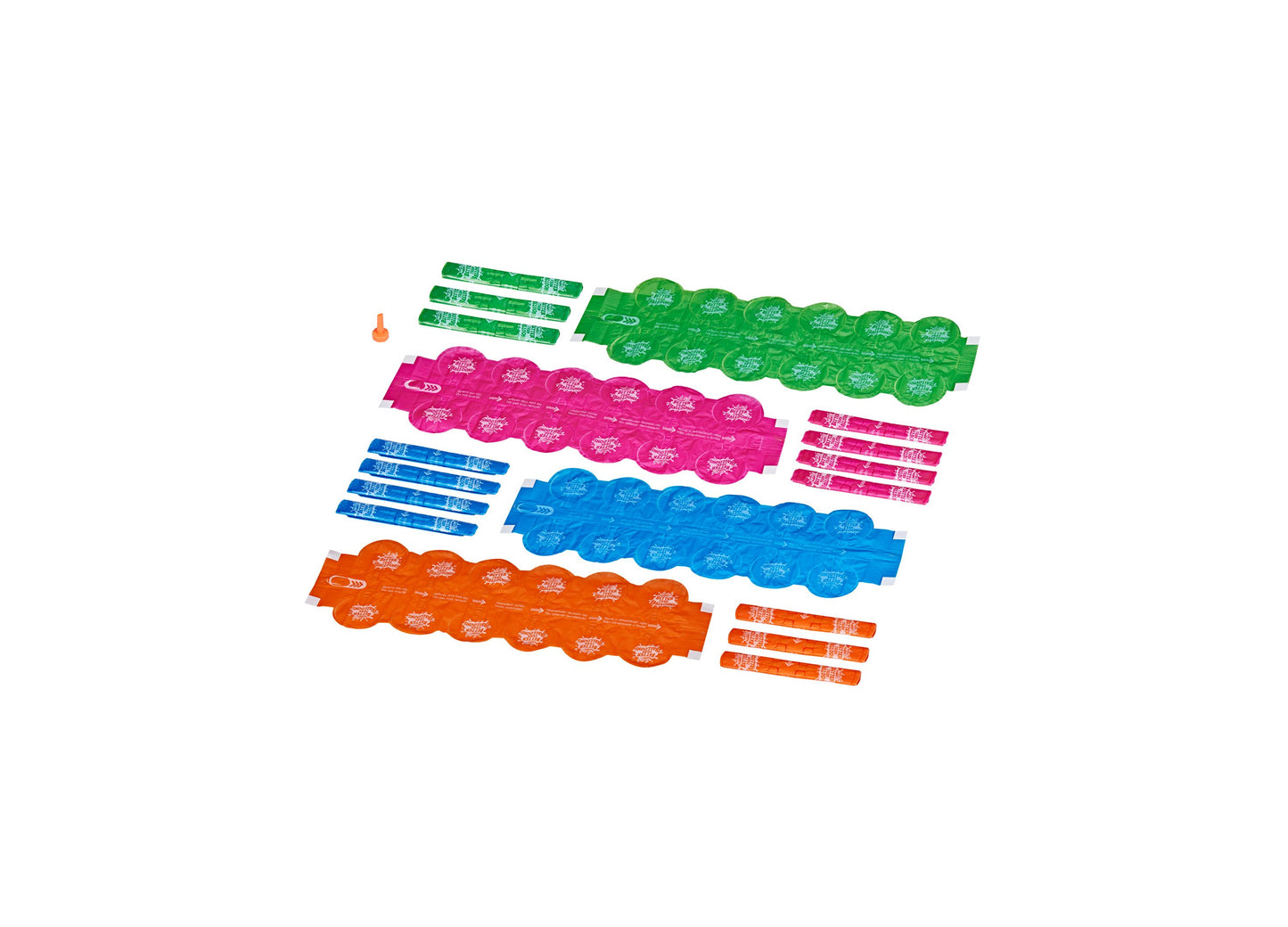 Nerf Better Than Balloons water pods in green, pink, blue, and orange with matching launcher strips and small orange pod on plain background