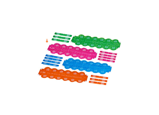 Nerf Better Than Balloons water pods in green, pink, blue, and orange with matching launcher strips and small orange pod on plain background
