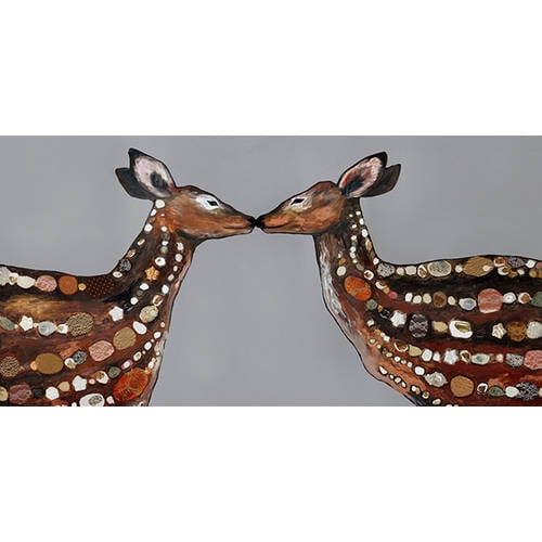 Two decorative brown deer with white spot patterns facing each other on gray background, canvas wall art