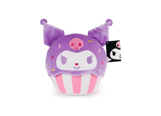 Purple plush Kuromi cupcake character with pink and white striped base, purple ears with pom-poms, and embroidered face details