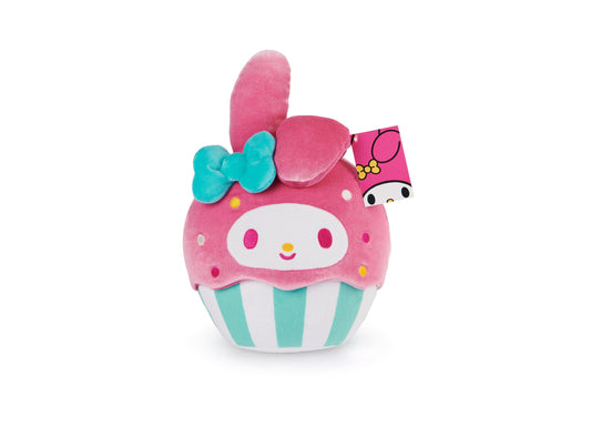 Pink plush My Melody character with turquoise bow, cupcake-shaped body with white and turquoise striped base, embroidered face and dots
