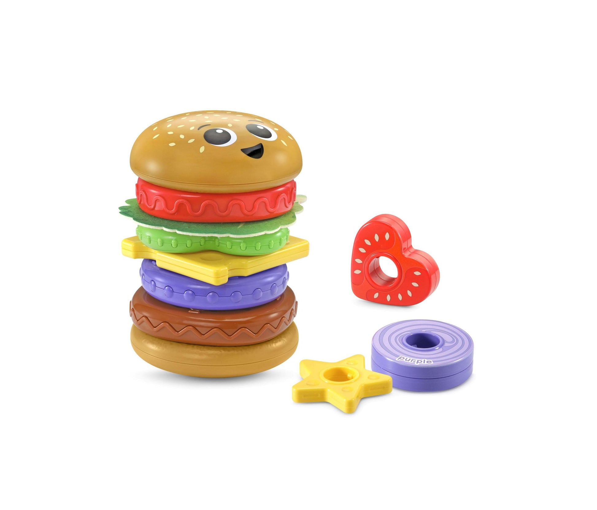 VTech 4-in-1 Learning Hamburger stacking toy with colorful layered burger pieces, plus separate red heart, yellow star, and purple ring accessories