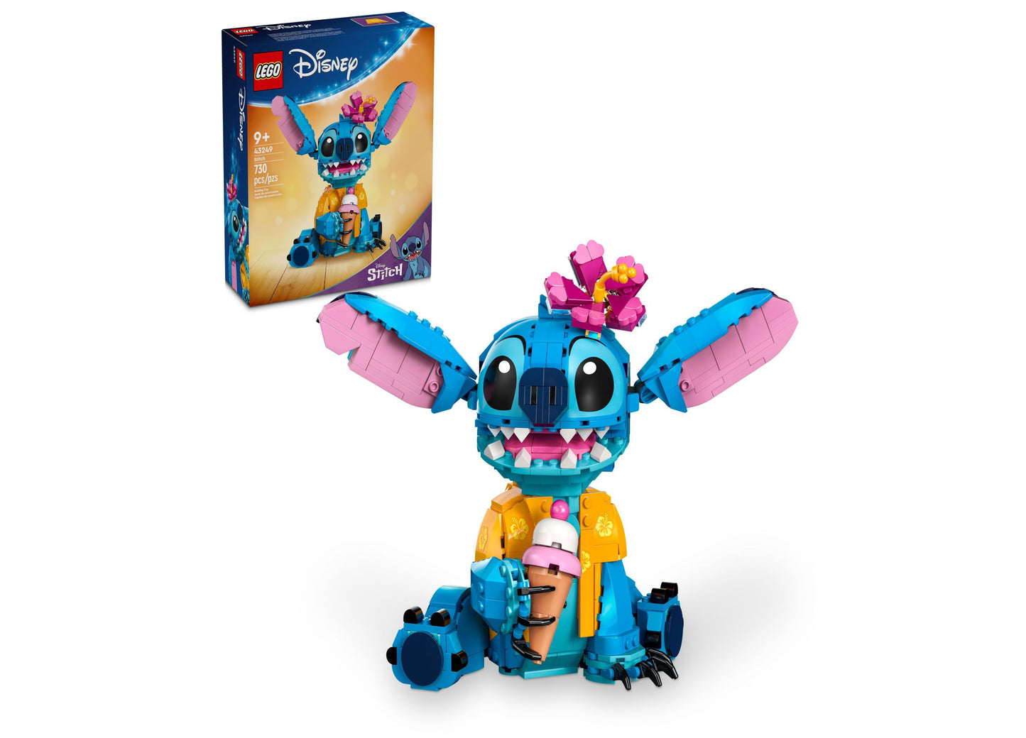 LEGO Disney Stitch buildable character with blue body, pink ears and mouth details, yellow torso, articulated limbs, shown with product box