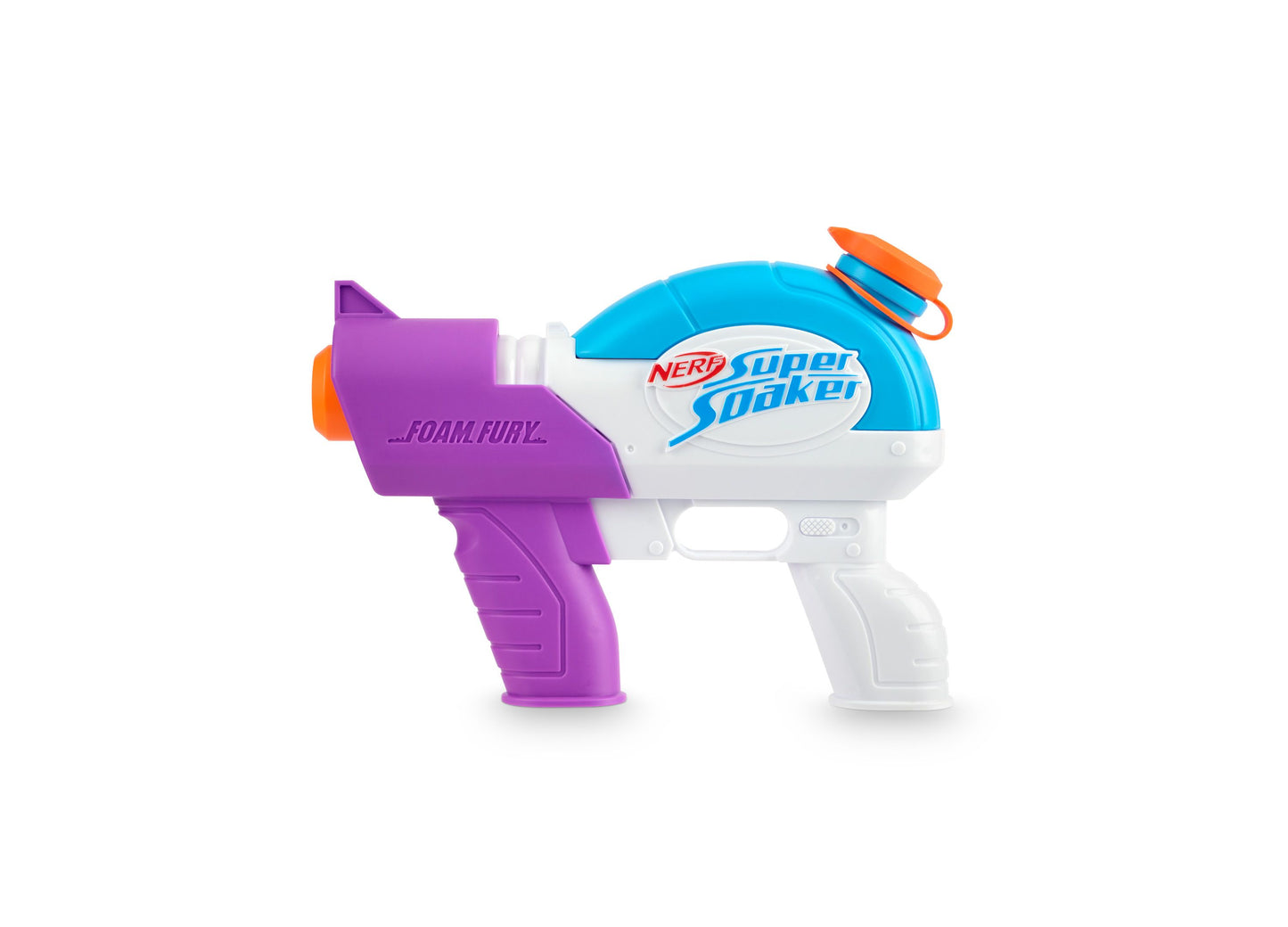Nerf Super Soaker Foam Fury blaster with purple foam pump grip, white body, blue tank, and orange accents on plain background