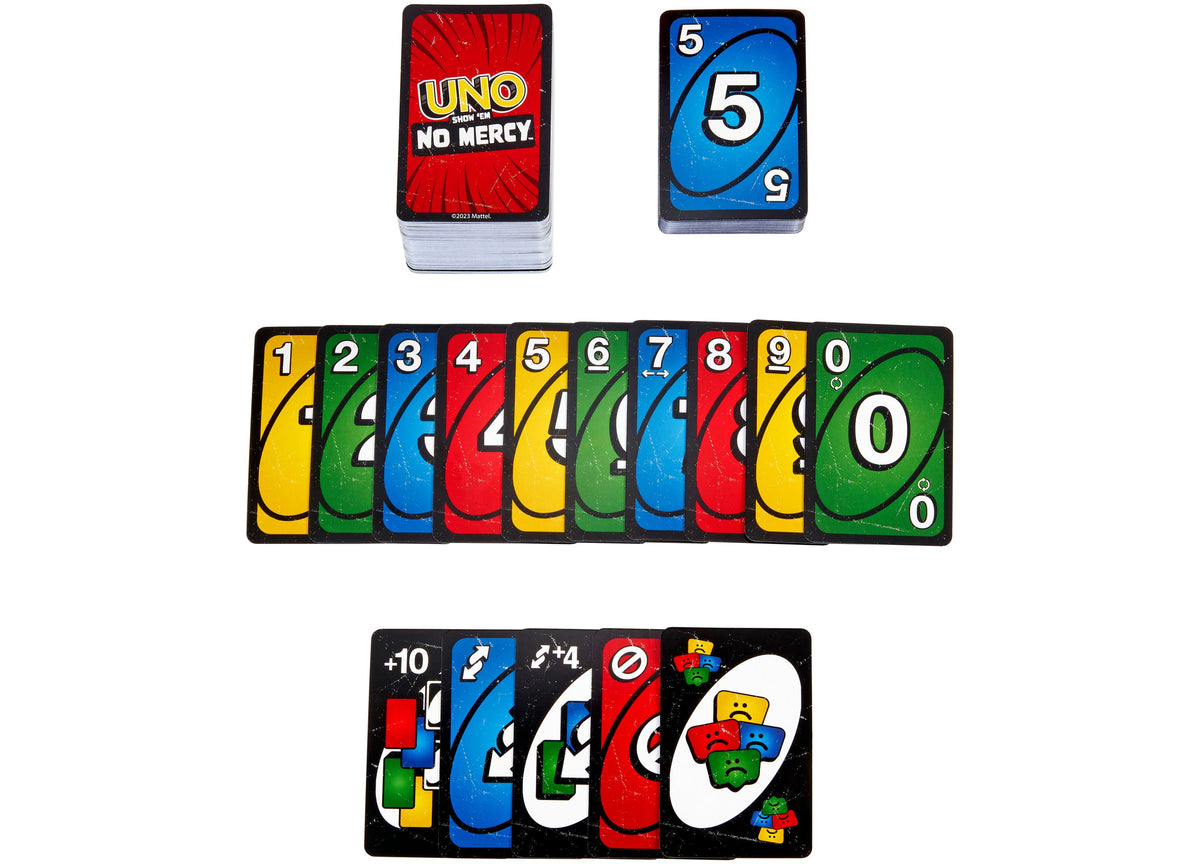 UNO Show 'Em No Mercy card game with red deck box, blue 5 card, numbered cards 0-9 in yellow, green, blue and red, an...