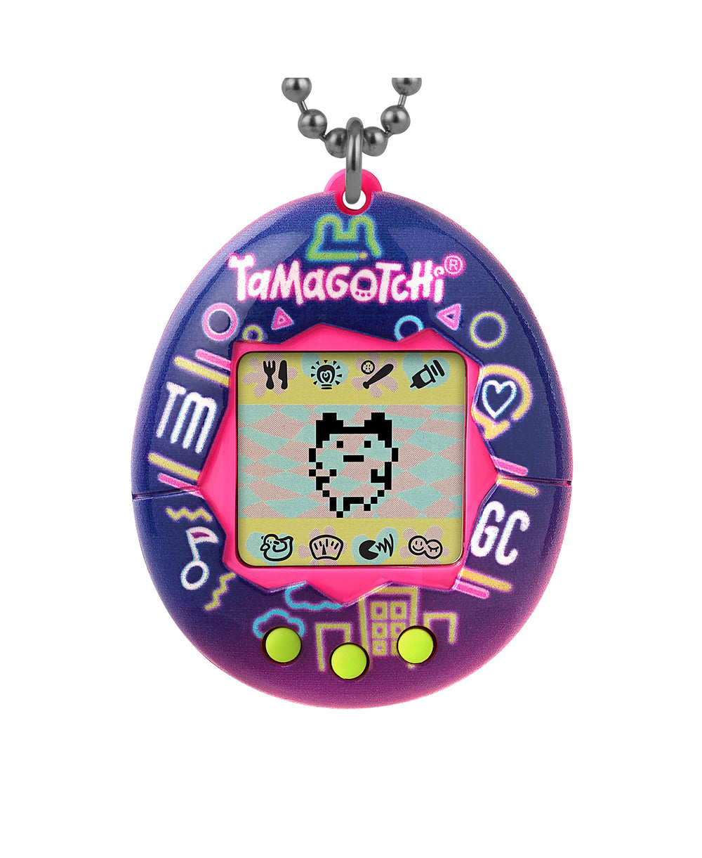 Tamagotchi Original Neon Lights Edition purple oval digital pet with pink center screen, metal chain connector, and colorful icon buttons