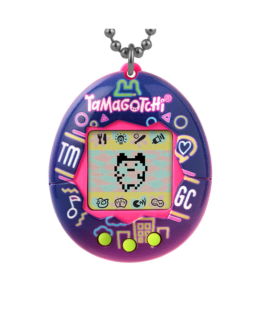 Tamagotchi Original Neon Lights Edition purple oval digital pet with pink center screen, metal chain connector, and colorful icon buttons