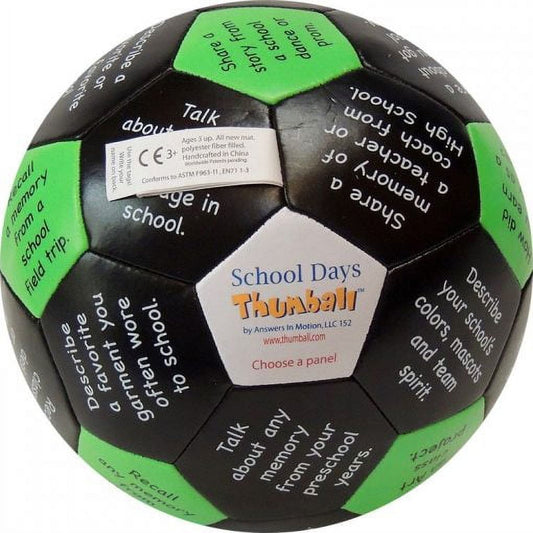 School Days Thumball black and green interactive ball with printed discussion prompts on panels