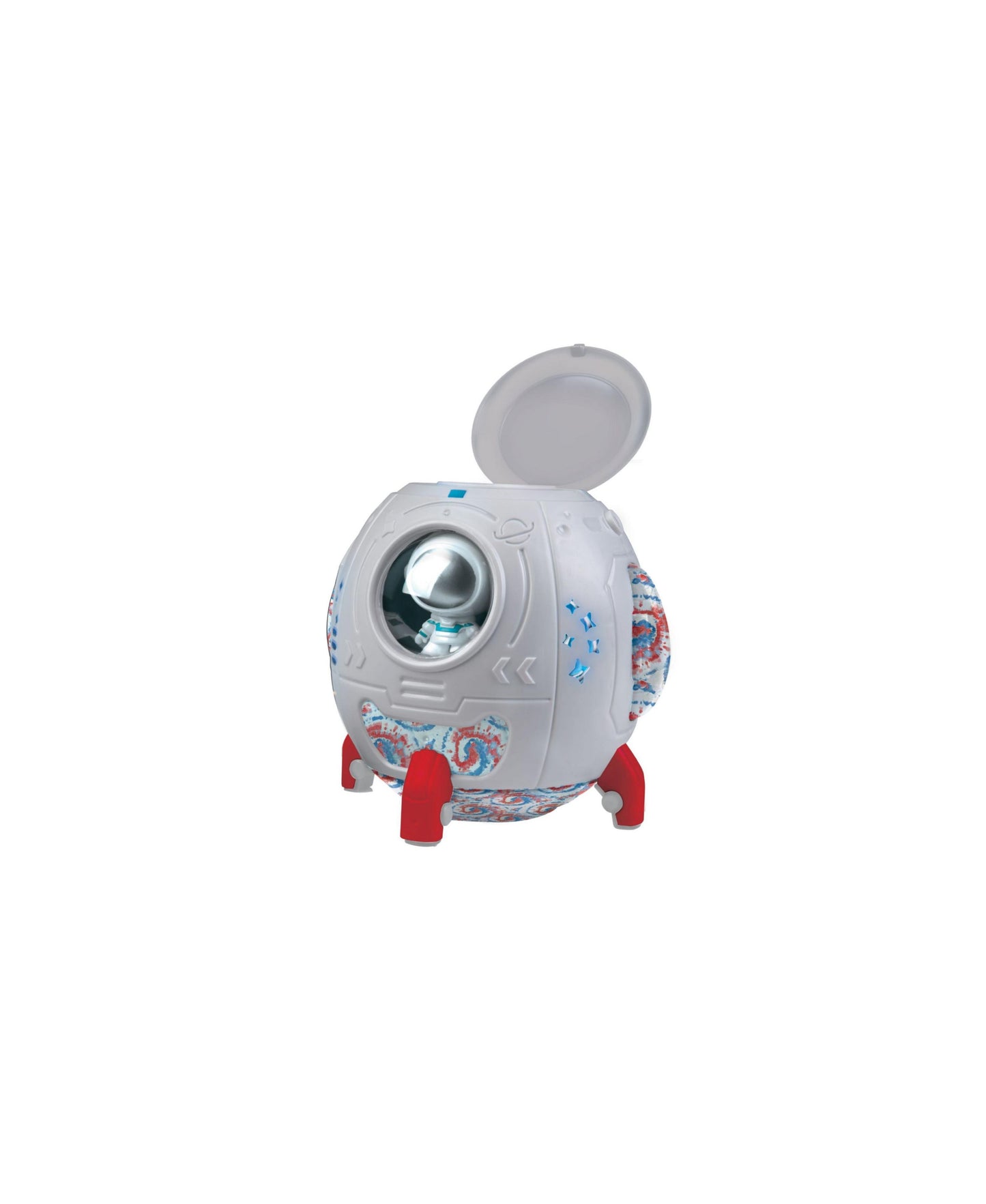 White and red rocket-shaped remote control toy with patterned fabric details and a silver sphere window on plain background