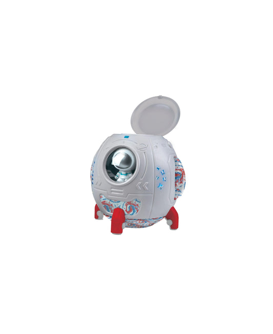White and red rocket-shaped remote control toy with patterned fabric details and a silver sphere window on plain background